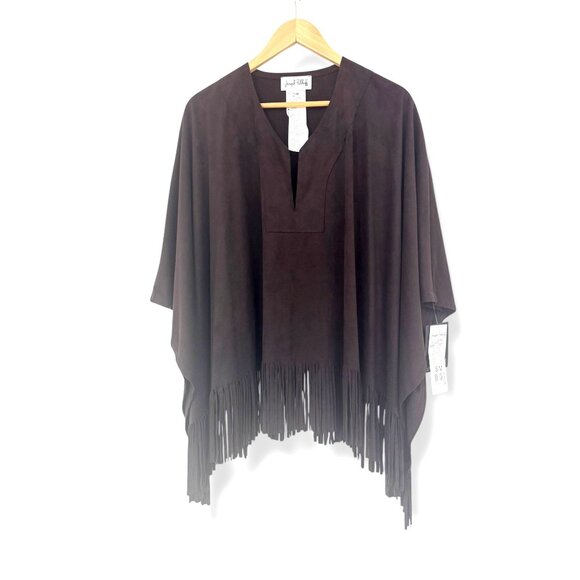 Joseph Ribkoff Faux Suede Fringe Poncho‎ Size S/M Chocolate Western Boho Top NEW - Picture 1 of 9